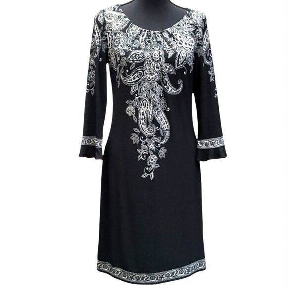 Maggy L Black Stretch Dress w/ White Floral Design - Picture 1 of 8